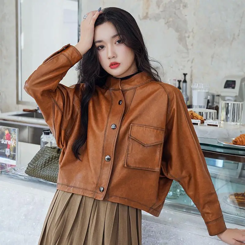 High-End Imitation Genuine Leather Coat Women\'s Short Locomotive Jacket  Spring Autumn Korean Bat Sleeve Soft Leather Outerwear