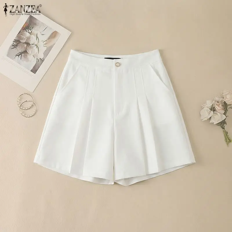 ZANZEA Elegant Minimalist Women's Shorts High Waist Pleated Solid Color Short Pants Summer Woman Casual Commuting A-Line Skorts