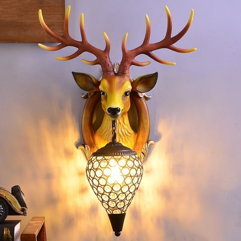 European Style Wealth Attracting Deer Head Wall Lamp Living Room Dining Room Foyer Bedroom Bedside Crystal Lamp