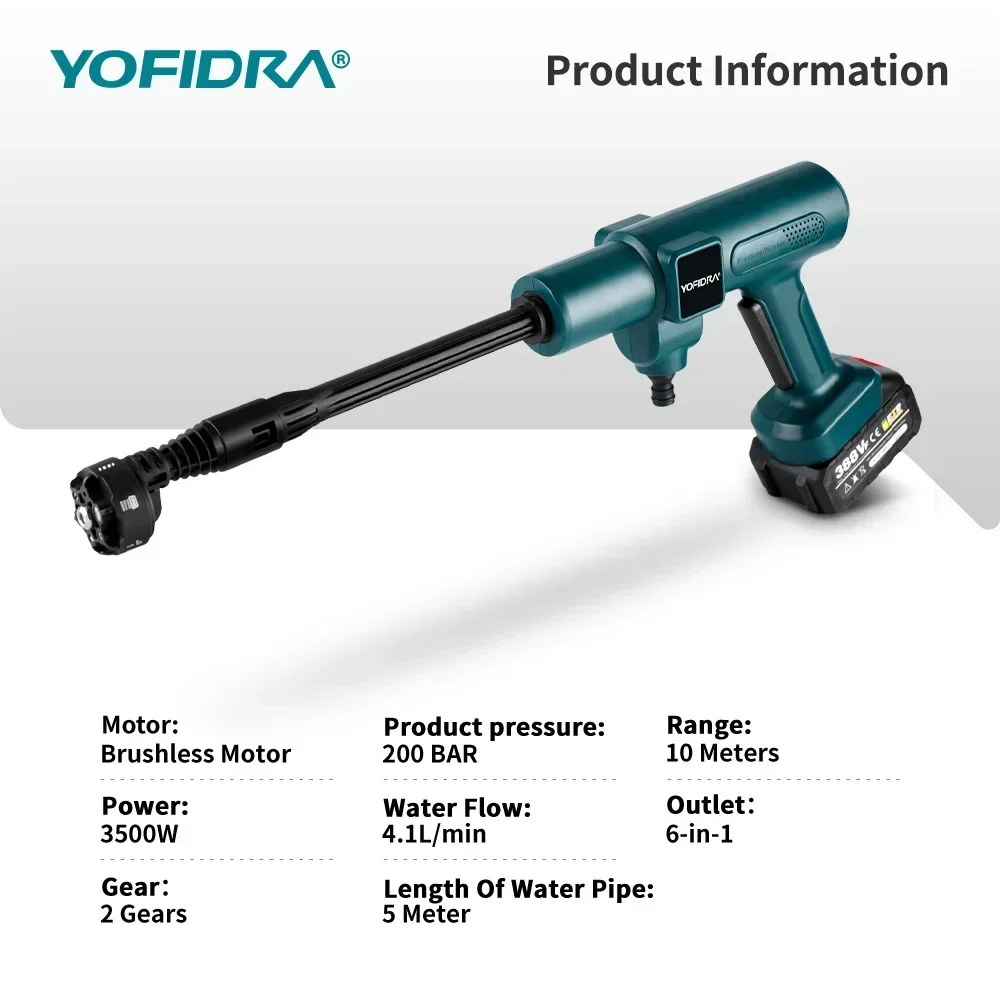 YOFIDRA Brushless 200Bar Car Washer Electric High Pressure Washer Water Gun 6IN1 Cordless Cleaning Garden For Makita 18V Battery