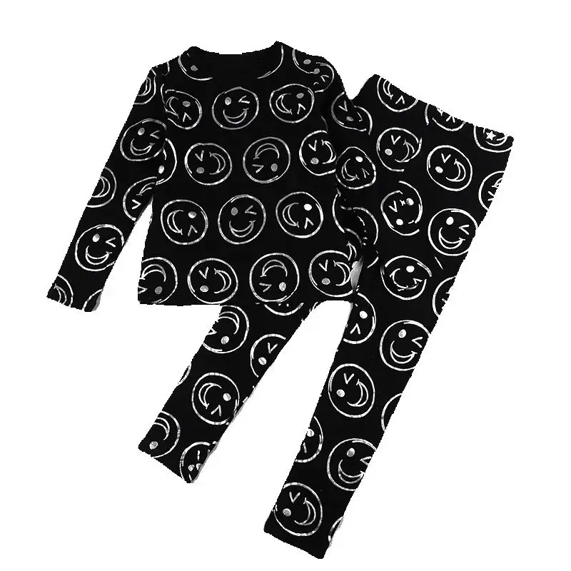 AA-kids boy summer spring fashion clothes 2pcs set cotton long sleeve and short sleeve 2pcs clothes set smile print black set