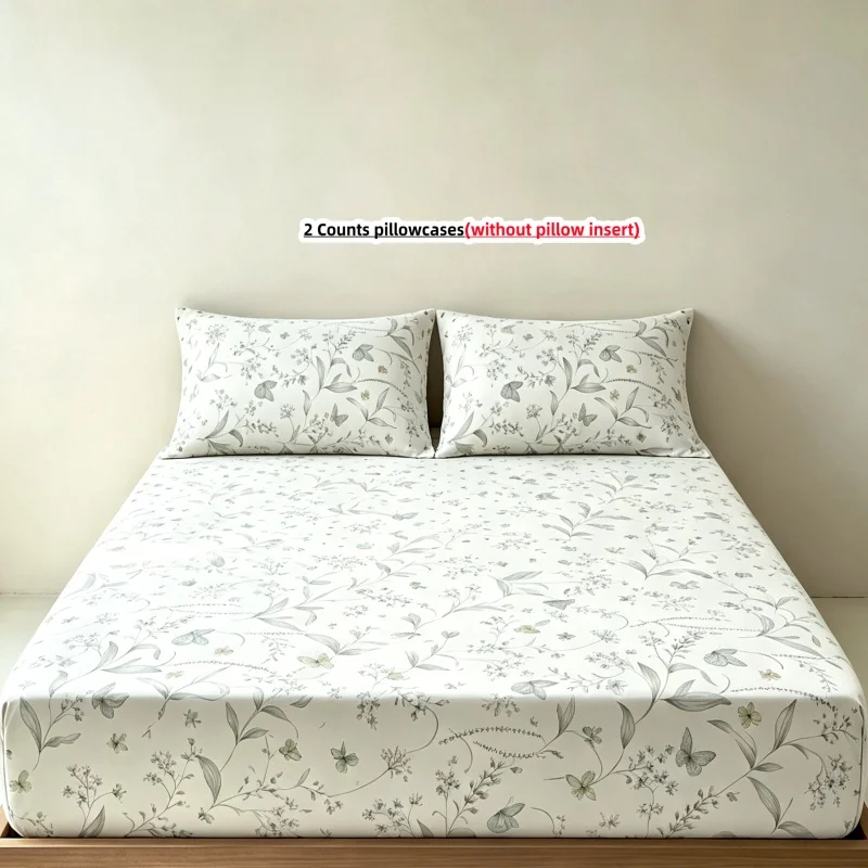 100% cotton 3Pcs Fitted Bed Sheet With Elastic Band Anti-slip Adjustable Mattress Cover (Pillowcase without pillow core))