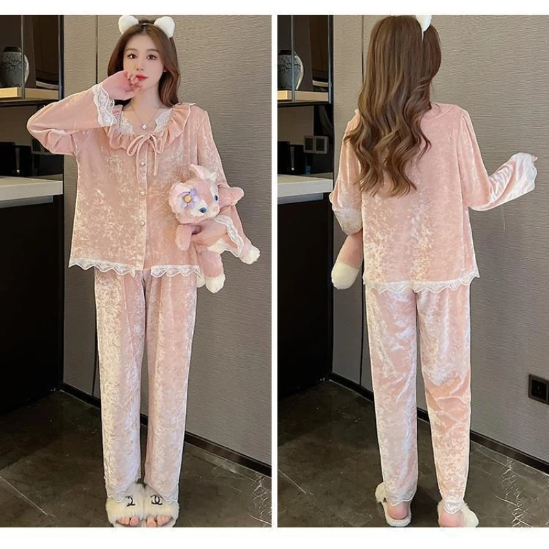 المخملية منامة مجموعة النساء الخريف الشتاء ملابس خاصة الأميرة نمط الدانتيل تقليم ملابس المنزل طويلة الأكمام بنطلون 2 قطعة المتسكعون