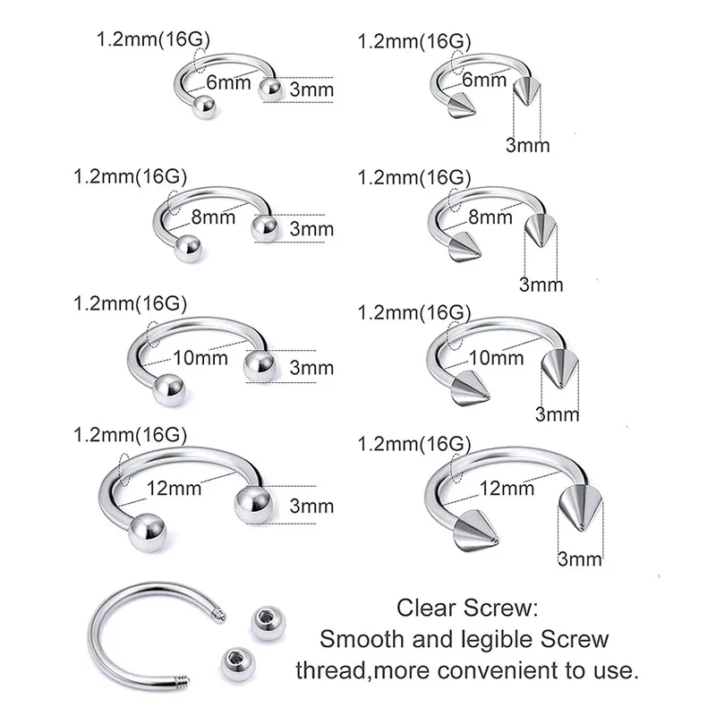 4 stks/32 stks 16G Septum Neuspiercings Rvs Hoepel Hoefijzer Piercing Sieraden Tragus Kraakbeen Oorbellen voor Vrouwen Mannen 6-12mm
