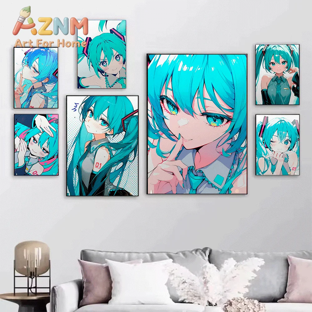 AZNM Hatsune Miku Bright Color Portrait Canvas Painting, Frameless Canvas Wall Art, Virtual Singer Anime Wall Painting for Bed