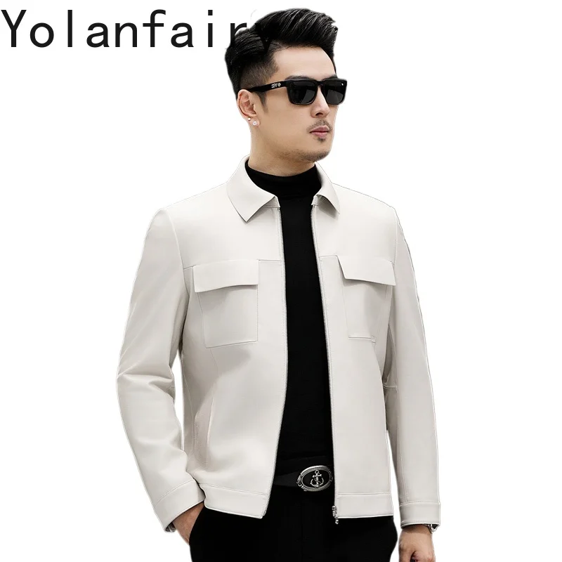 

YOLANFAIRY Мужская кожаная куртка из натуральной овчины, зима 202, модное короткое пуховое пальто, мужское пальто из натуральной кожи, белые куртки-пуховики