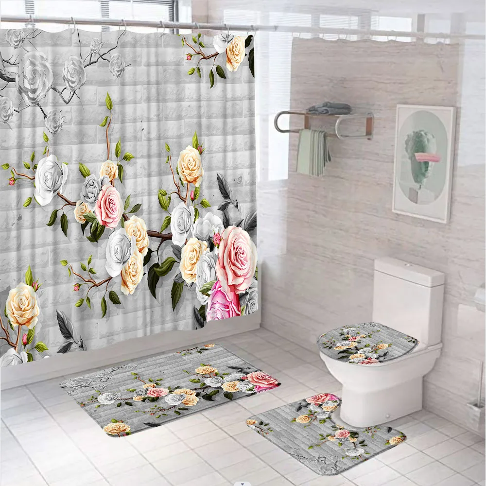 Blooming Rose Branch Shower Curtains Sets Anti-slip Rug Toilet Lid Cover Bath Mat Grey Wall Tiles Brick Flowers Bathroom Curtain