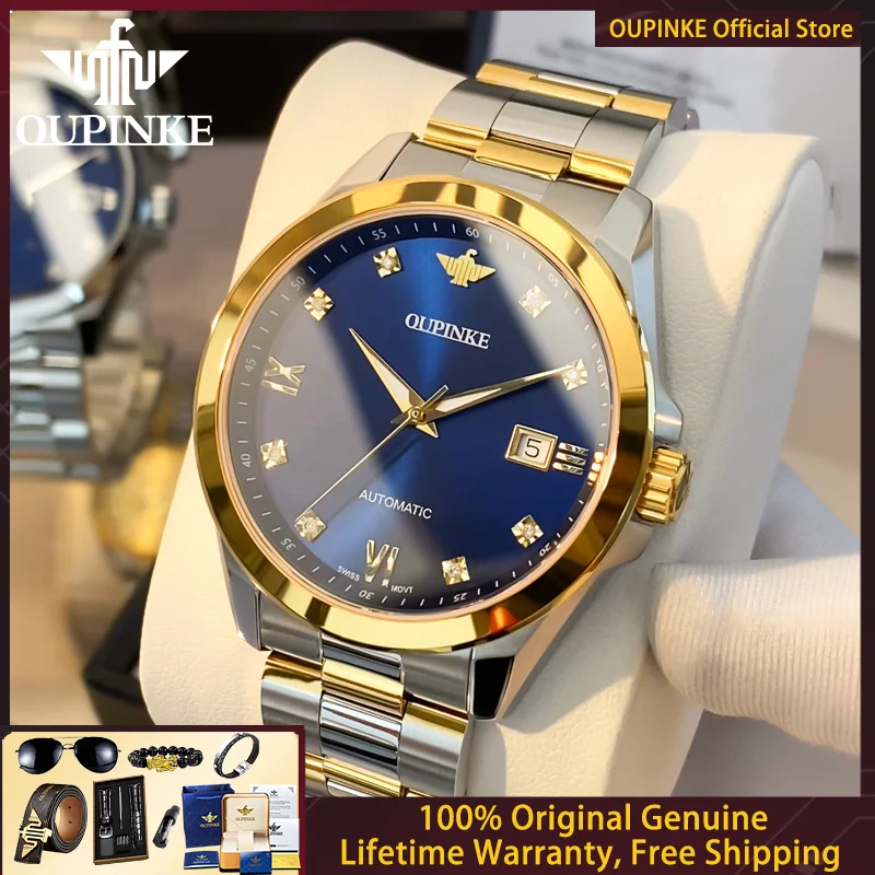 OUPINKE 3199 ساعة ماسية حقيقية للرجال الراقية حركة سويسرية ساعة ميكانيكية أوتوماتيكية للرجال ماركة فاخرة ساعة رجالية هدية Reloj