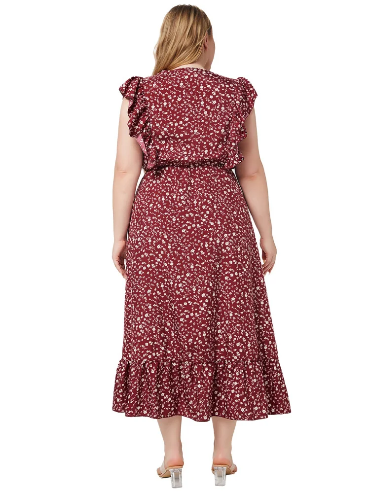 GIBSIE Plus Size Ditsy Floral V Neck Ruffle Hem Dress 2024 Boho Summer Women Holiday High Waist A-line Pockets Long Dresses