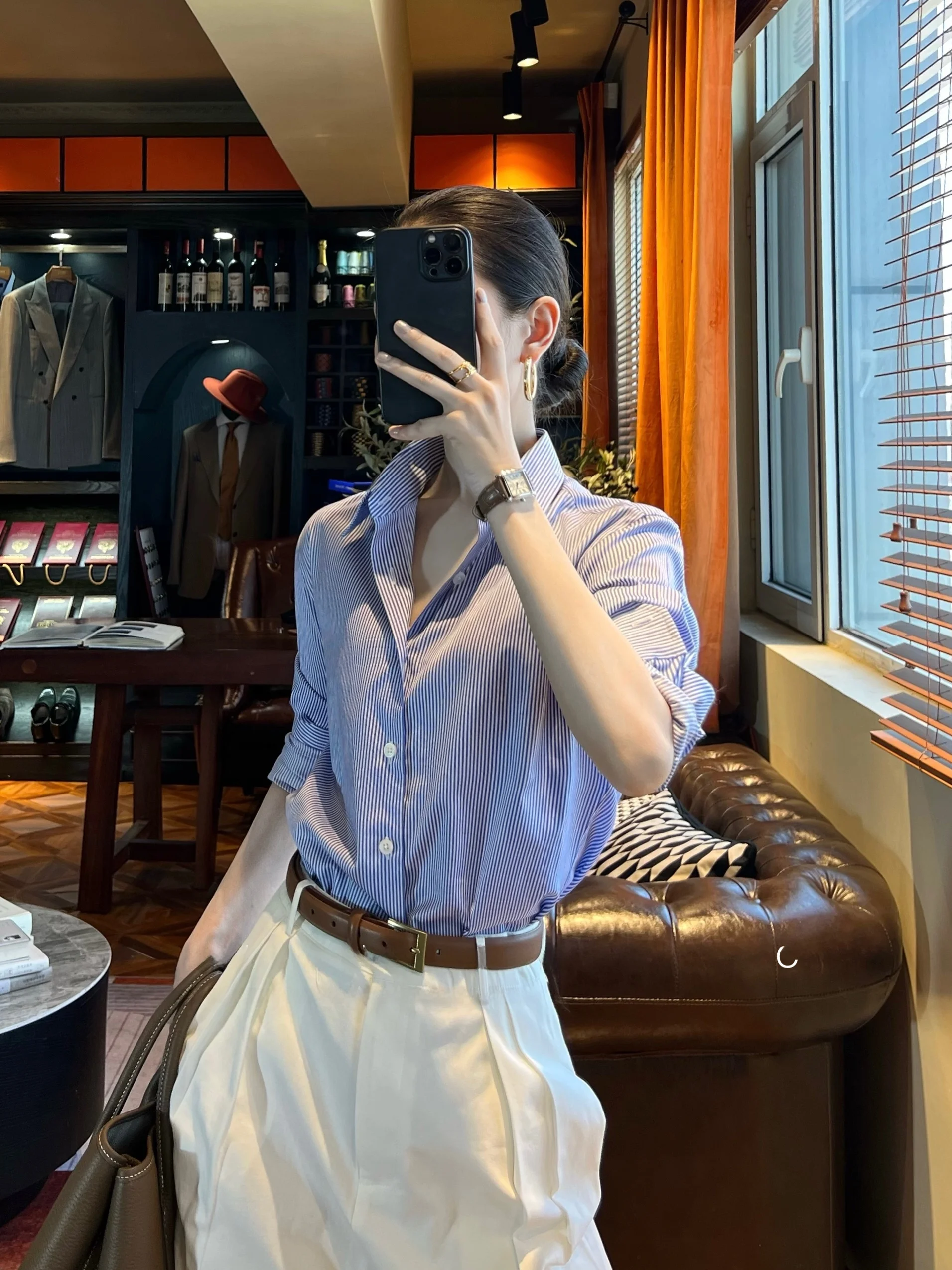 

JIANG Blue Striped Long Sve irt Commute Sle High Waist Cotton Pure Menswear And Womenswear Busin Warm Regular Fit