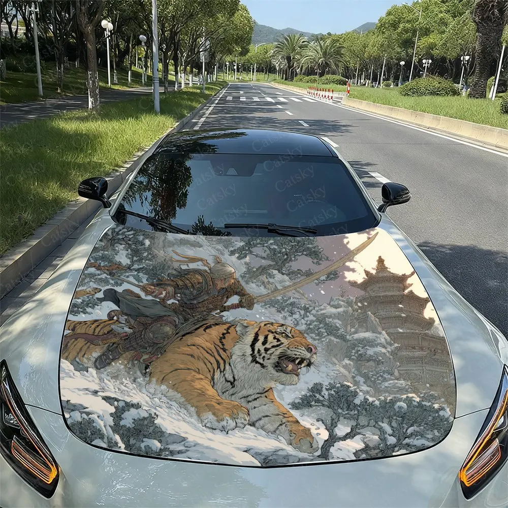 Armored Generals Riding White Tigers Design Car Hood Sticker, Drum Packaging, Stylish Design, Suitable For Most Vehicles, Hood P