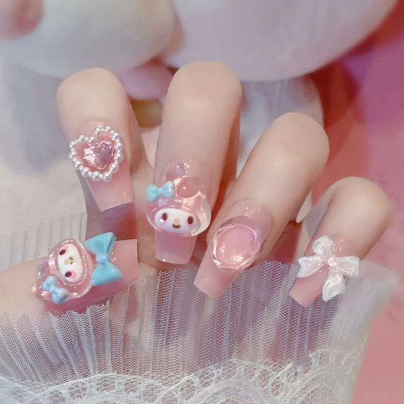 Sanrios Anime Kawaii Toy My Melody Wearing Fake Nails Dopamine Nail Stickers Birthday Gift Christmas Gifts