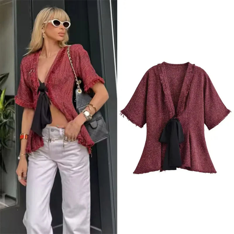 ZHIO Women's Jacket 2026 Summer New Arrival Wine Red Short Sleeve Tassel Decor Socialite Style Slim Jacket Stylish
