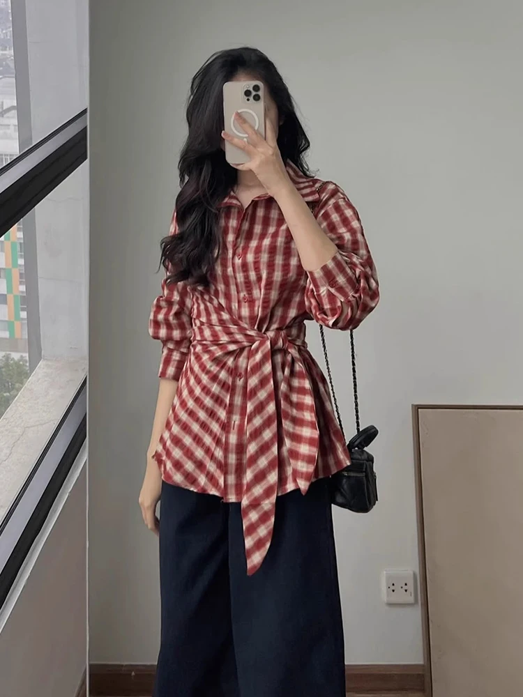 

High Waist Plaid irt And Jeans Set Women's Faion Spring New Sle Retro Hong Kong Sle Slimming Long Pants Outfit