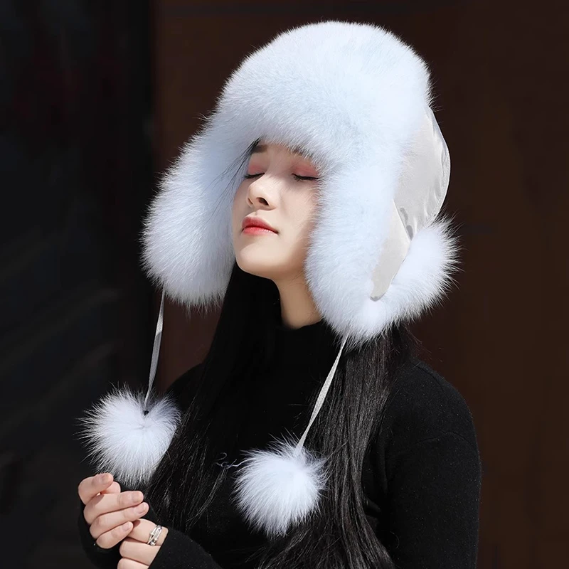 100% Real Fox Fur Hats Women Russian Ushanka Aviator Trapper Snow Skiing Hat Caps Earflap Winter Warm Raccoon Fur Bomber Hat