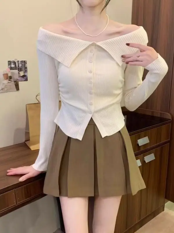 

Sexy Knitted oulder Bared Base irt Women's Early Autumn Faion Advanced Slim Fit Sweater Cross oulder Top Pure Desire