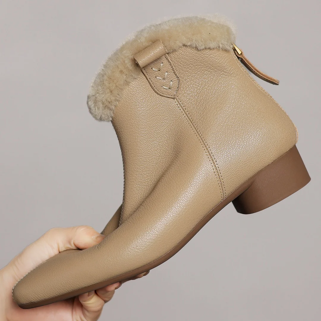 2024 Winter new women's sheepskin wool inside ankle snow boots pointed toe back zip flats female cold weather short boots shoes