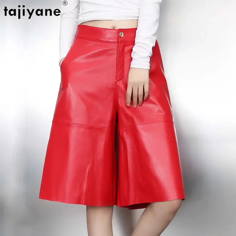 

Tajiyane 100% Genuine Leather Pants Women Korean Streetwear Wide Leg Pants Women Loose Knee Length Trousers High Waist New In