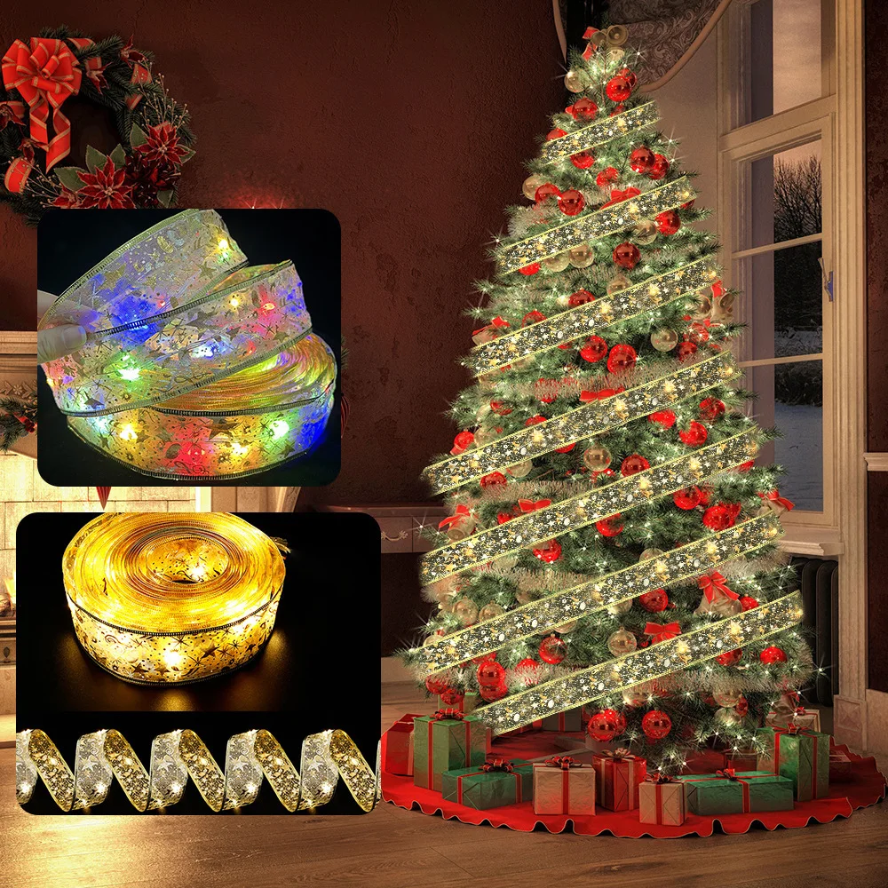 

5M/Roll Christmas Ribbon Lights Christmas Tree Decor Ornament Fairy Lights Battery Operated String Lights Holiday Party Supplies