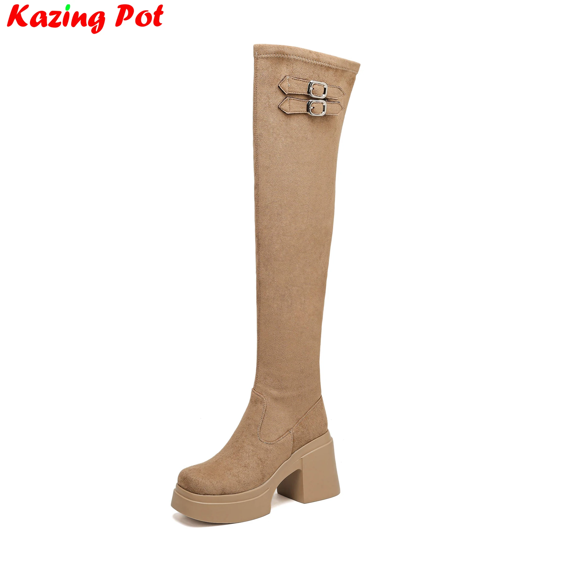 Krazing Pot Flock Round Toe Super Heels Stretch Long Boots Winter Shoes Casual Elegant Belt Buckle Ins Women Over-the-knee Boots