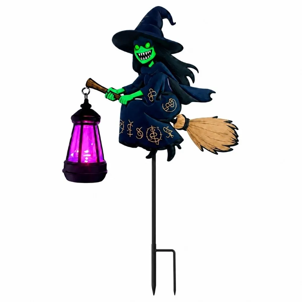 Solar Powered Witch Lawn Lamp Waterproof Colorful Flowing Witch Garden Light Flying Witch Watering Can Lantern