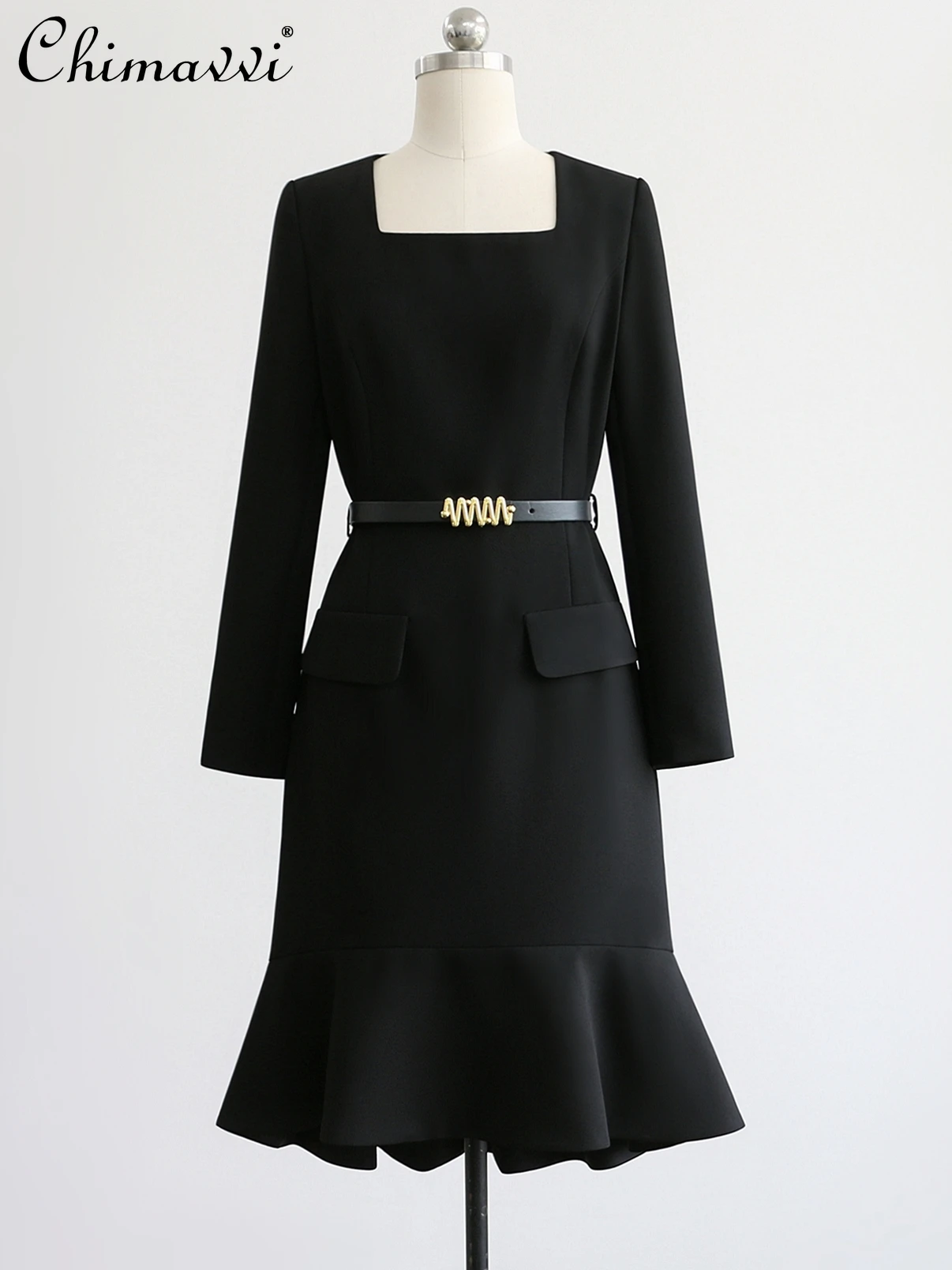 

French Elegance Square Collar Long Sleeve High Waist Belt Slim Fit Ruffled Black Sheath Fishtail Dress For Women Spring 2024