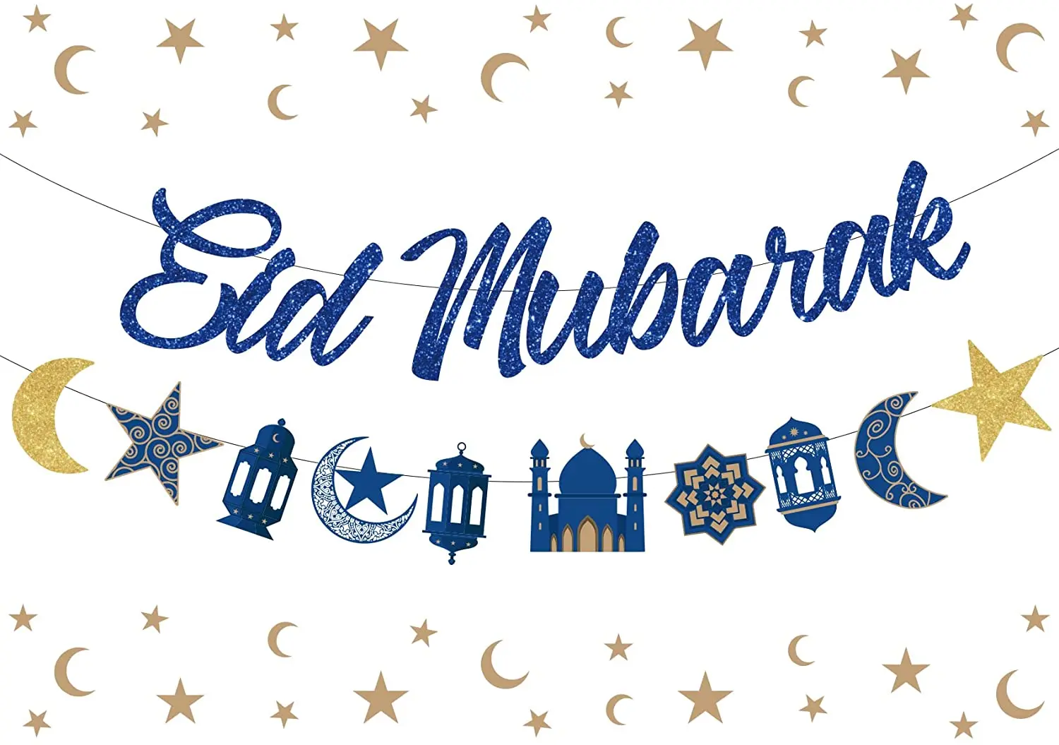 

Eid Mubarak Banner Decorations Eid Ramadan Party Set Blue Gold Moon Star Garland Muslim Islamic Celebration Supplies for Home