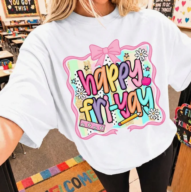 2026 Fashion New Women Crew Neck T Shirt Happy Friday Teacher Back To School Graphic Casual Basic Top Tee