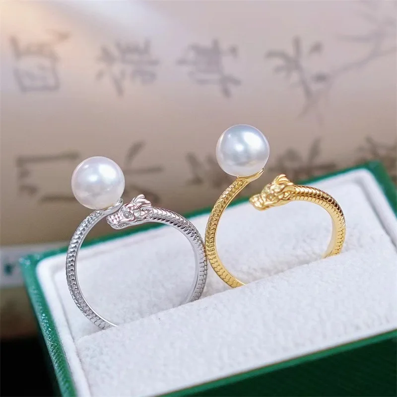 

S925 Ring Personality Opening Pearl Ring 8-9mm Gold And Silver China Classic Pattern Fashion Banquet Accessories 072501