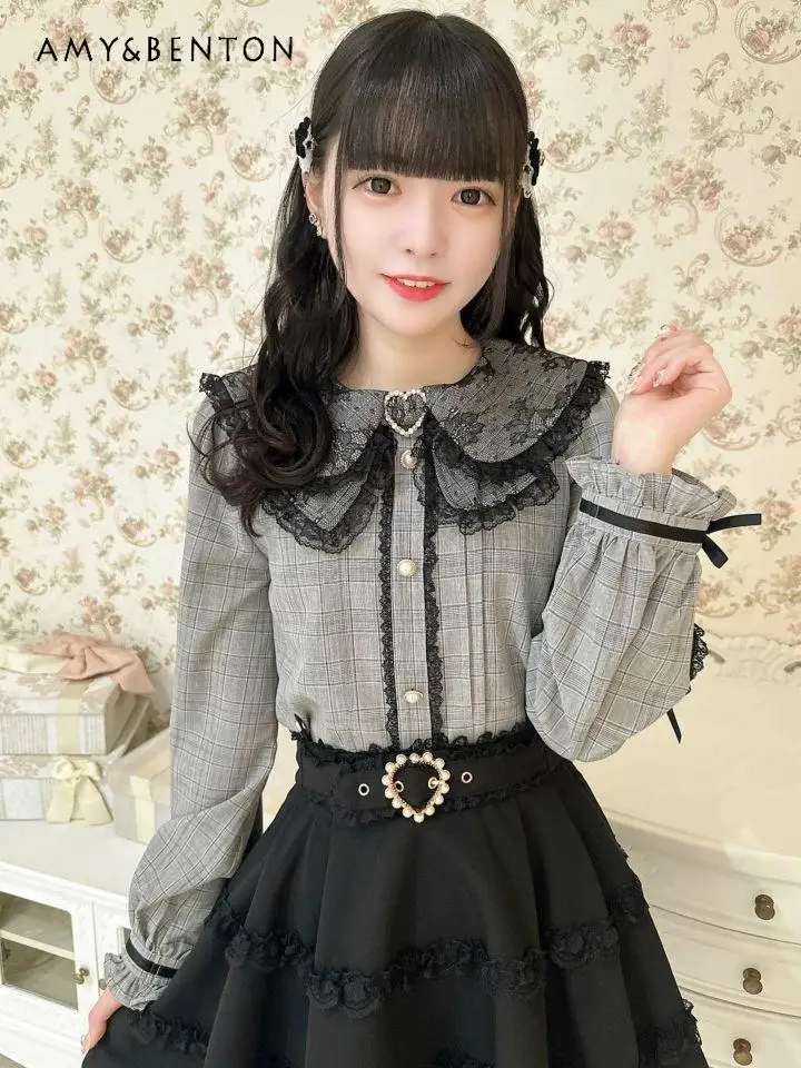 Japanese Style Mine Series Sweet Love Diamond Bow Lace Long-sleeved Shirt Women Cute Doll Collar Graceful Lolita Womens Tops