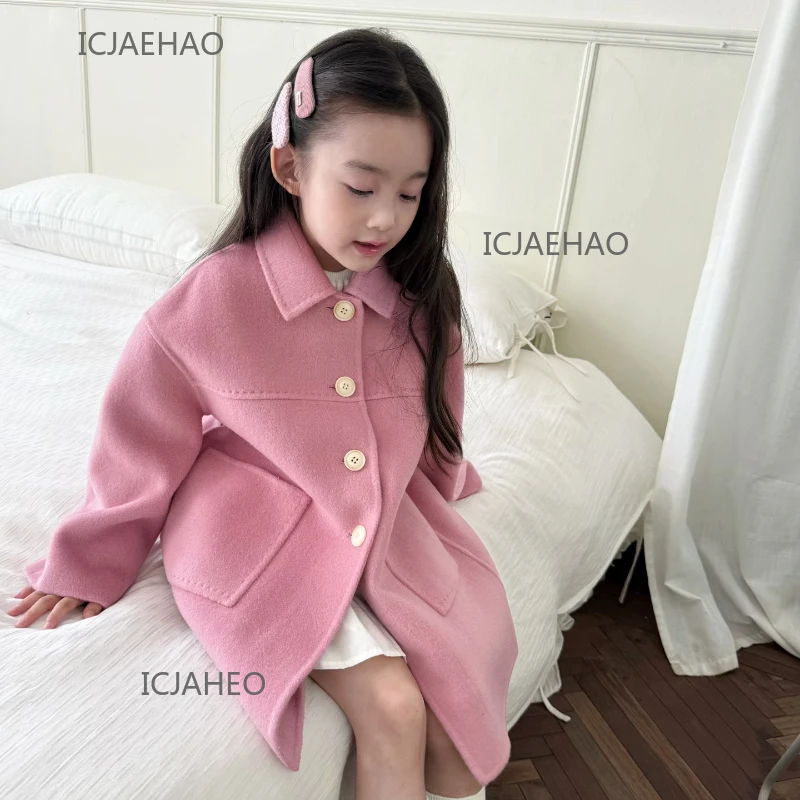

Teen Girl Clothes Children Wool Double Handmade Cute Matching Winter Kids Outerwear Clothes Faced Girls Peach Pink Coat Costume