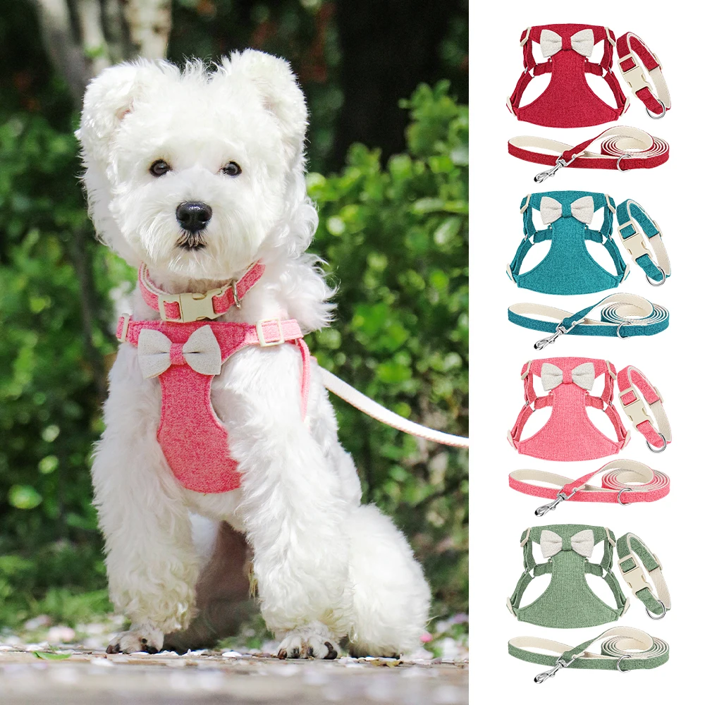 

Cute Small Dog Collar Harness Leash Set Quick Release Pet Collar Breathable Dog Harness Vest With Bowknot for Small Medium Dogs