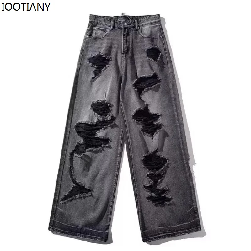 New Black High Waist Unisex Jeans Worn-out American Fashion Vintage Streetwear Wide Leg Trousers Baggy Straight Denim Pants