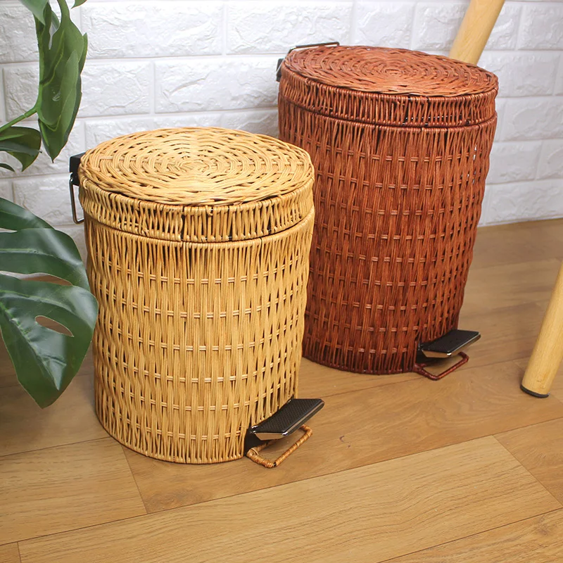 Simple Creative Paper Basket Hotel Living Room Storage Bucket Natural Vine Weaving Trash Bin Reinforced Iron Frame Garbage Bin