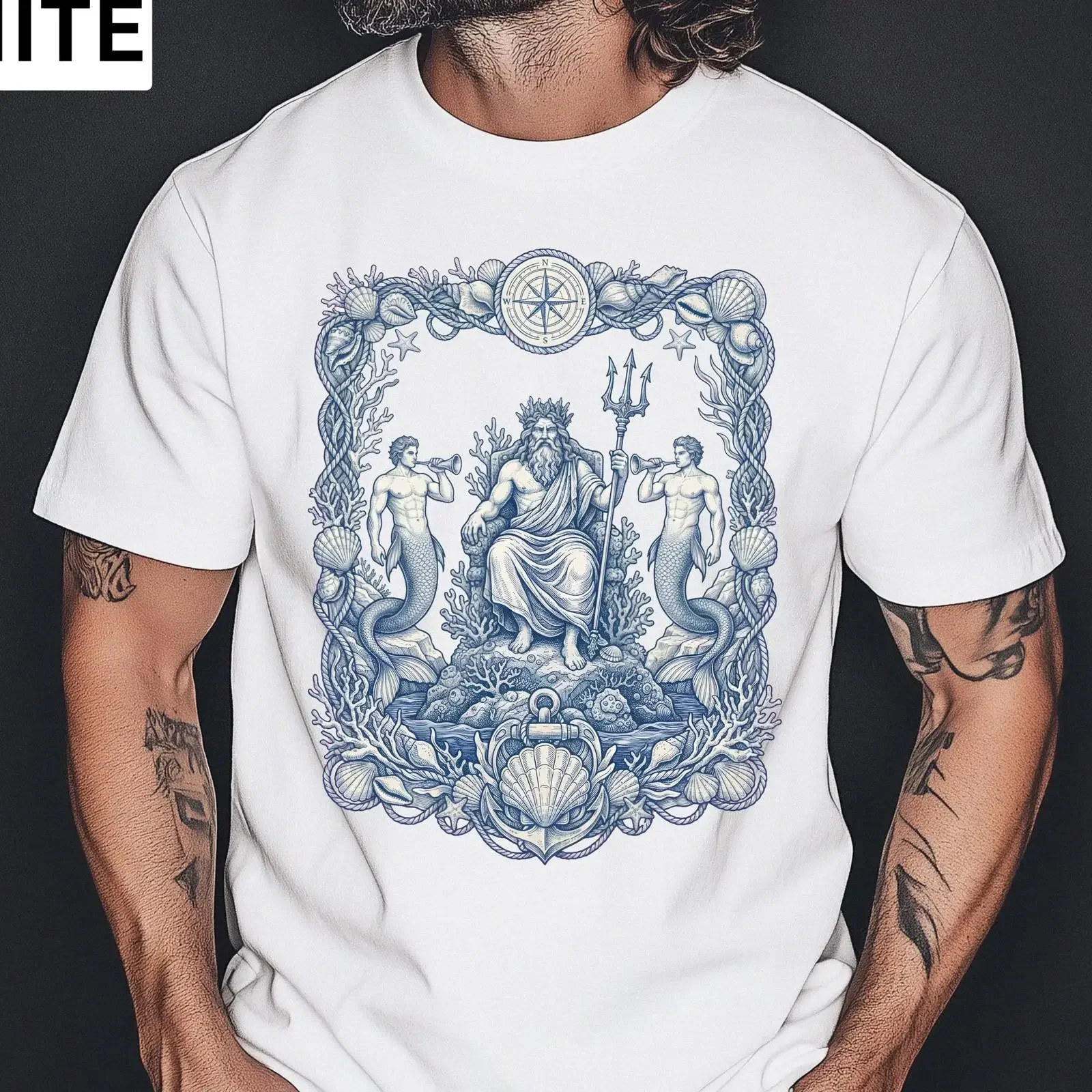 Neptune Nautical T shirt Vintage Maritime Mythology Poseidon Coastal Folk Art Top Blue Toile  vintage Washed Soft graphic
