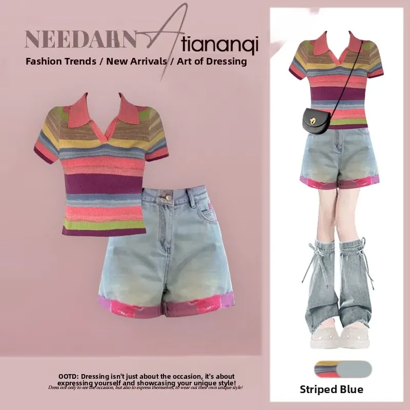 

Faionable Rainbow Knit Top And Denim orts Two-Piece Set for Women ort Sve Spring Summer Outfit Casual Chic Ensemble