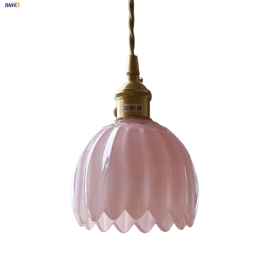 

IWHD Knob Switch LED Pendant Light Fixture Pink Flower Glass Dining Room Restaurant Home Decor Nordic Modern Hang Lamp Luminaire
