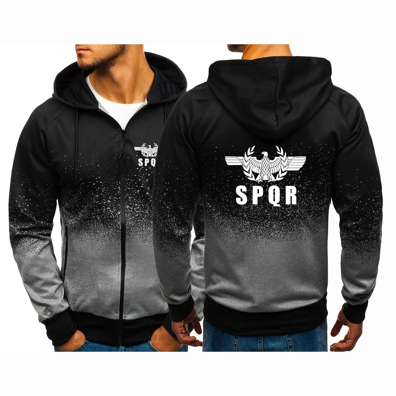 2024 Spring Autumn Men's SPQR Roman Gladiator Imperial Golden Eagle Logo Print Popular Gradient Color Cardigan Zip Hooded Jacket