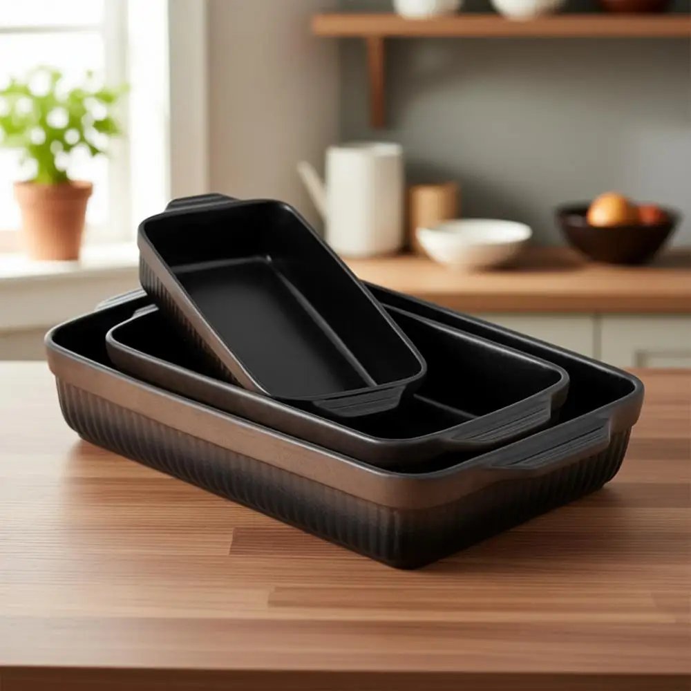 

9x13 Inch Matte Black Reactive Glazed Casserole Dish Set for Baking and Cooking