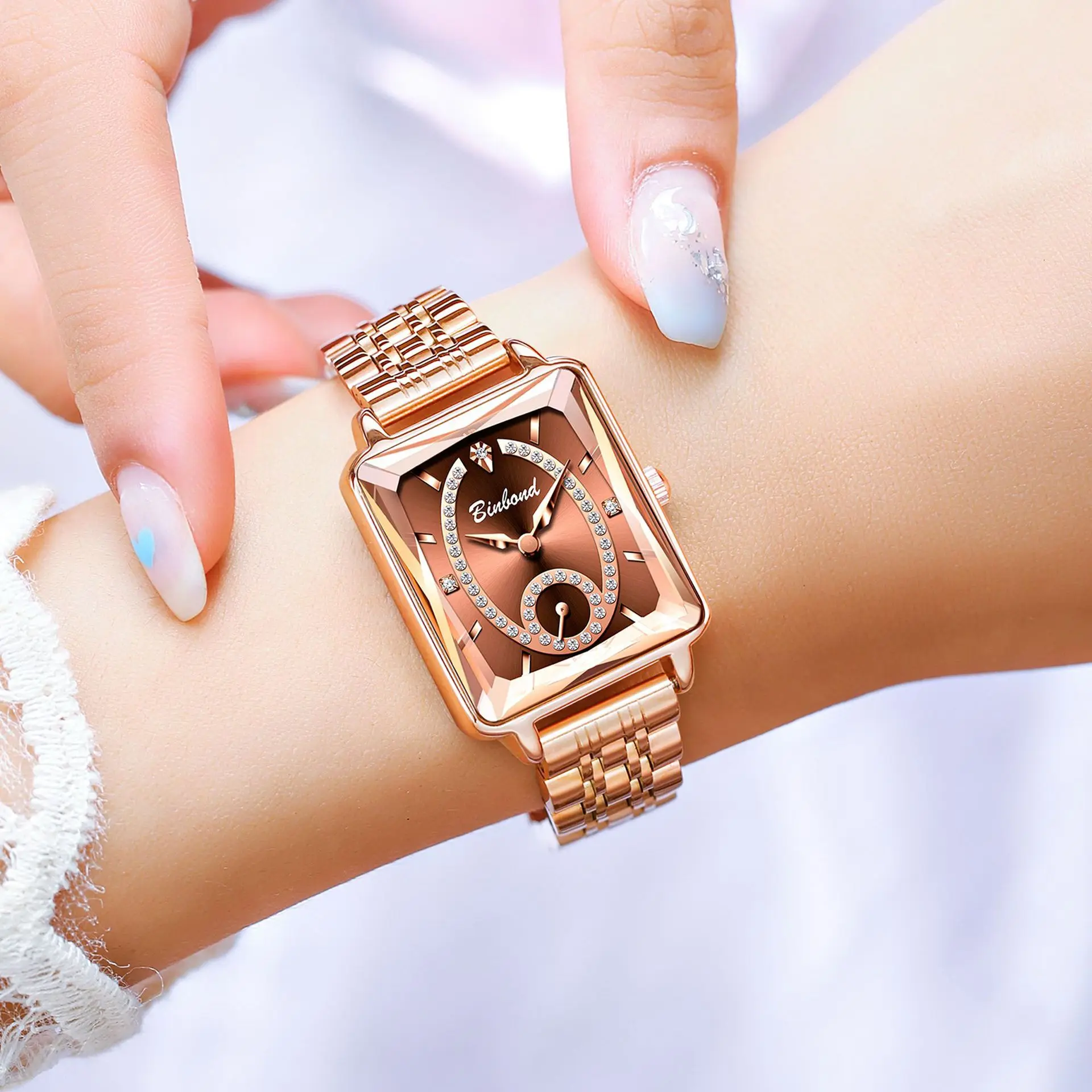 العلامة التجارية الفاخرة الراقية ساعة نسائية الأعمال مقاوم للماء مربع الصلب قطاع ارتفع أنثى موضة كوارتز ساعة المعصم هدية
