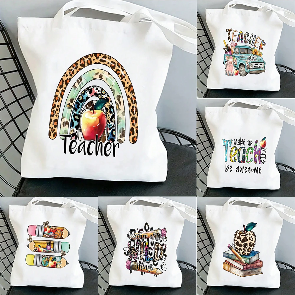 Teacher Appreciation Canvas Tote Bags Teach Love Inspire & Change The World , Shoulder Handbags for School Gift for Teachers