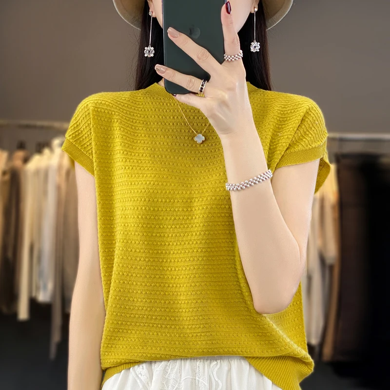 Fashion short half sleeve cashmere women\'s sweater 100% pure merino wool O-neck pullover sweater