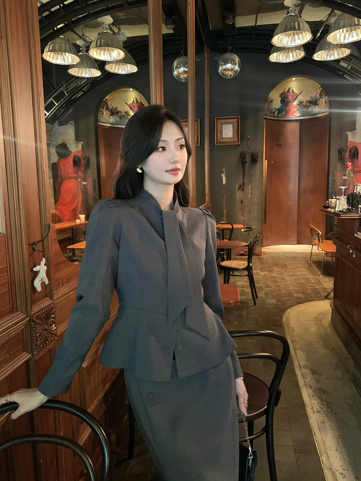 

Syeee Fermon ey, комплект для поездок на работу, женский ранний осенний топ с завязками в виде кроличьих ушей, универсальная юбка, модная рабочая одежда