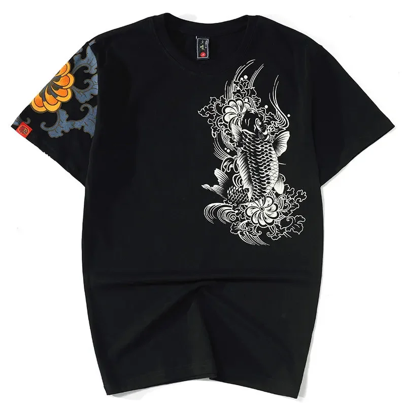 Lyprerazy Chinese Style T Shirt Wave Flower Carp fish Dragon Embroidery Tops Tees Streetwear Cotton Hip Hop Print T-Shirt