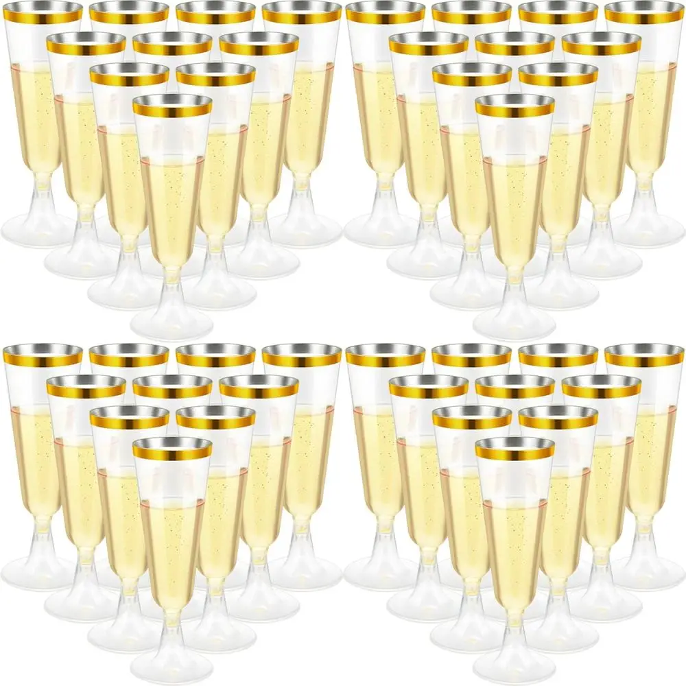 

150 Pcs Gold Plastic Champagne Flutes - Clear Disposable Crystal Wine Glasses for Wedding Toasting, Party Cocktail Cups