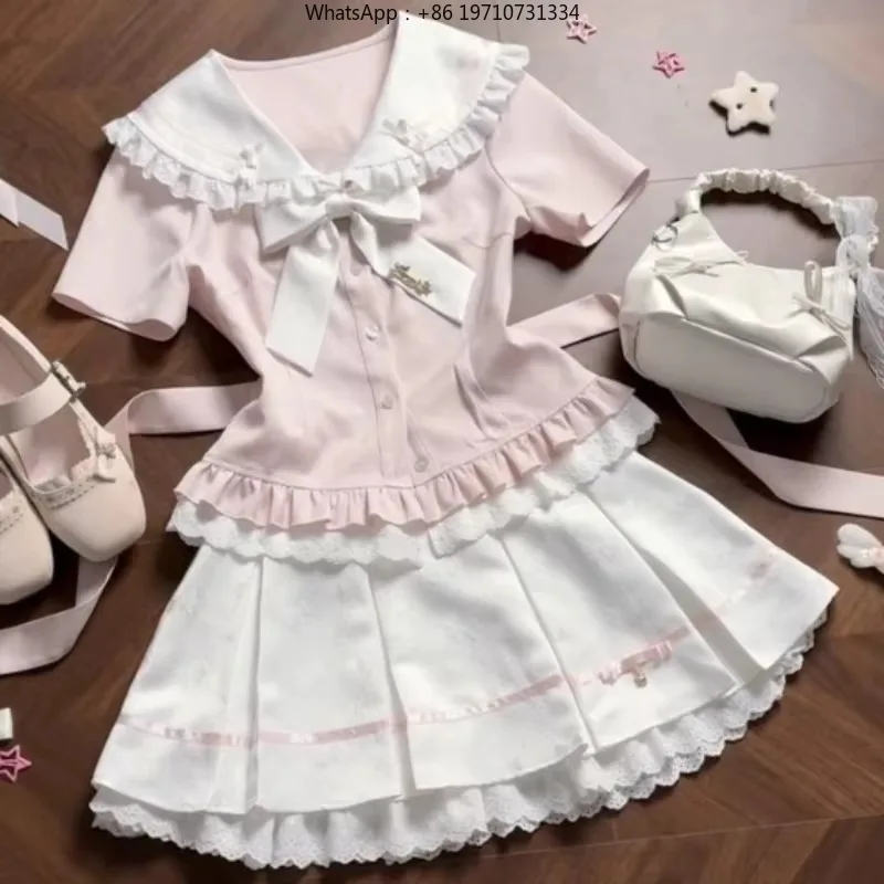 Women Summer Preppy 2 Piece Set Doll Collar Short Sleeve Shirt and Bow Pleated Skirt Kawaii Outfit