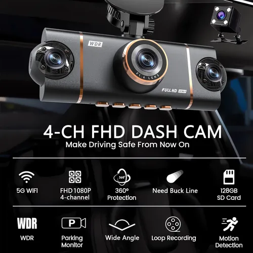 Imagen 2 del producto 4 cámaras Dash Cam coche DVR WiFi HD 1080P grabadora de vídeo 4 canales vista trasera frontal visión nocturna caja negra DVR para seguridad del vehículo