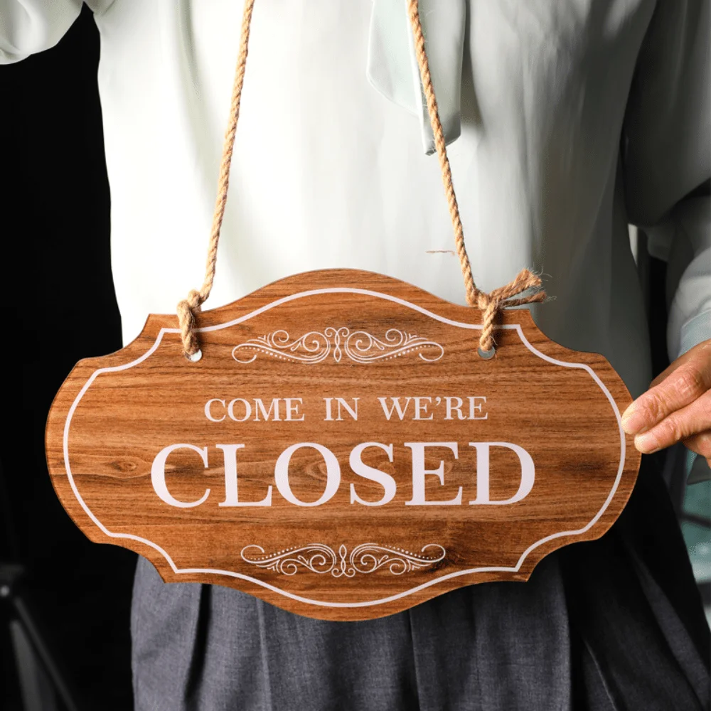 Vintage Wooden Textured Open Hanging Sign With Rope, Ornate Scalloped Edge Acrylic Business Door Plaque 30cm*9cm
