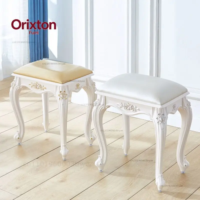 European Style Vanity Stool with Carved Wood Frame, Ornate Floral Accents,  Accent Chair for Bedroom, Dressing Room