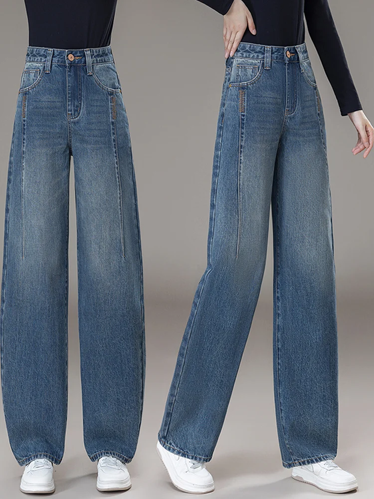 

High Waist Fleece Lined Thickened Wide Leg Nine-Tenths Jeans Women's Casual Cotton Stretch Denim Pants Loose Fit Fall Winter